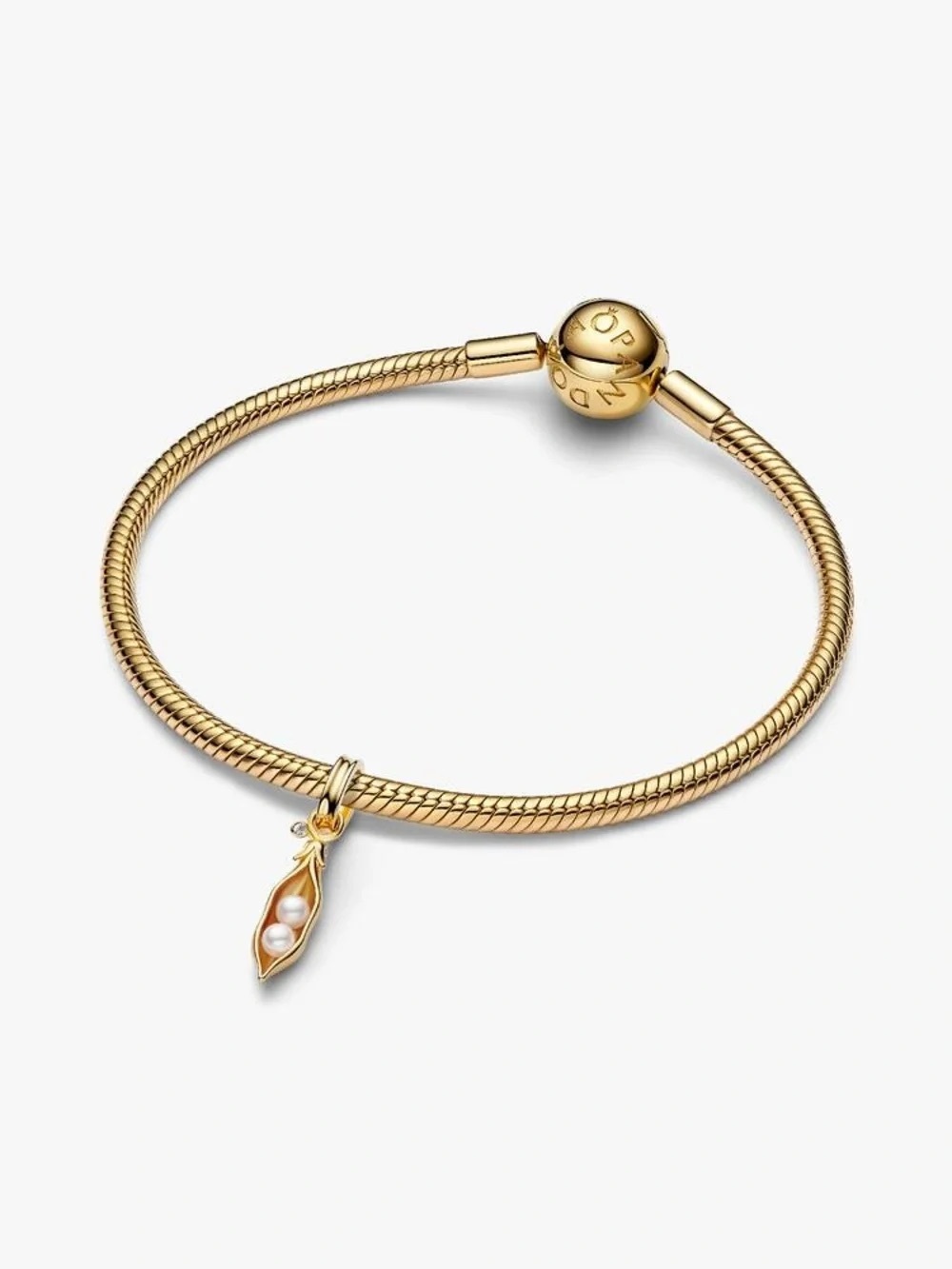 Pandora Gold-Tone Snake Chain Bracelet with Peapod Pearl Charm